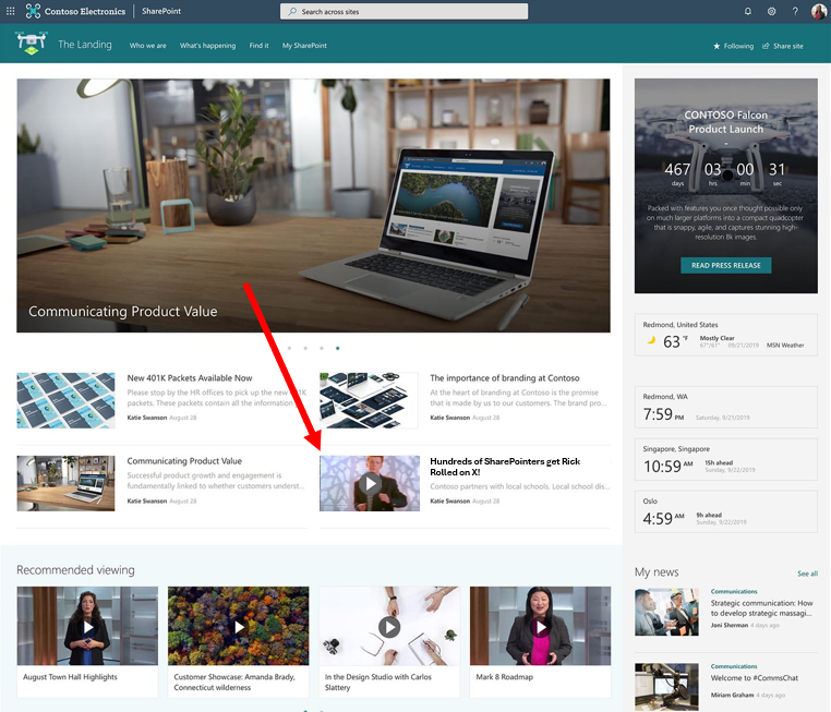 Play video inline on #SharePoint home pages - expand to see it up close. 

Cc <a href="/MarcMroz/">marc</a> <a href="/MicrosoftStream/">Microsoft Stream</a> | Details in ALT text.