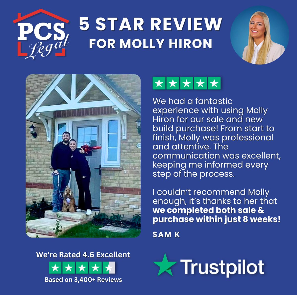 5 star review for our Conveyancing Executive Molly, fulfilling our core values by ensuring quality work in an efficient manner, with expertise and a personal service. Thank you Sam for the review and we're glad we could complete your transaction within 8 weeks! 🌟🏡 #PCSLegal