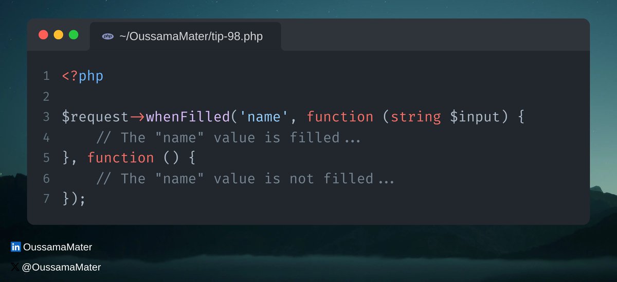 Laravel Tip💡:  The 'whenFilled' Method

We often test whether or not a request parameter is filled to decide to perform logic. Laravel ships with a cool helper called 'whenFilled' to do just that! 🚀

#laravel