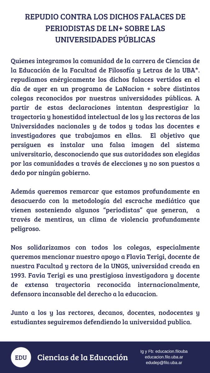 #Comunicado de la carrera de Ciencias de la Educación ante los dichos falaces sobre las universidades públicas y sus rectores y rectoras en los medios de comunicación.