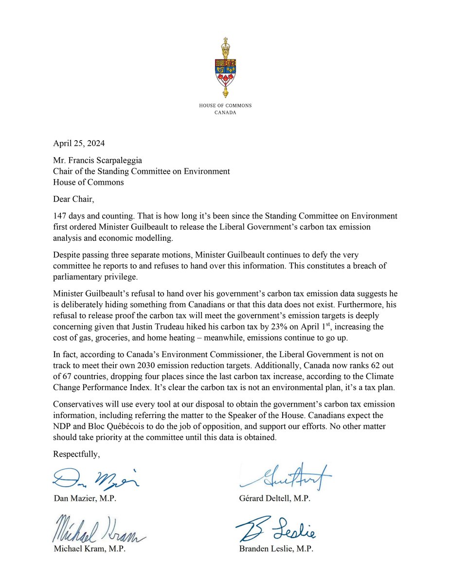 BREAKING Trudeau's radical Environment Minister continues to defy Parliament. After 147 days – and three separate document production orders – the Liberals refuse to hand over proof their carbon tax reduces emissions. What is Minister Guilbeault hiding? More to come.