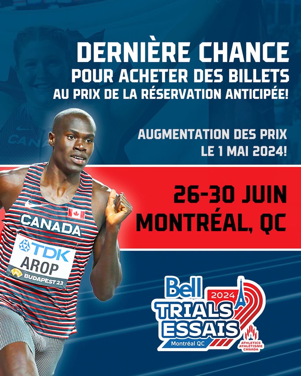 🚨Last call for early bird savings! 🎟️ Don’t miss out on discounted tickets for the 2024 Bell Track & Field Trials in Montréal! Prices go up on May 1st, so secure your seats now and cheer on your favorite athletes! #BellTrials2024 tixr.com/groups/athleti…