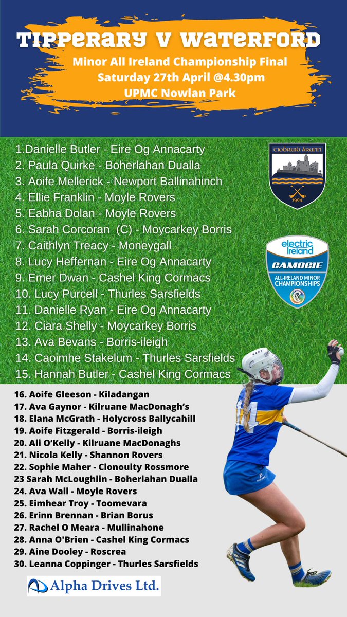 🔵🟡 Tipperary Minor Manager John Ryan has named his starting team and panel for Saturday's @ElectricIreland Minor All-Ireland Final.

Don't forget to pre purchase your tickets 
universe.com/users/camogie-…

#ThisIsMajor #OurGameOurPassion