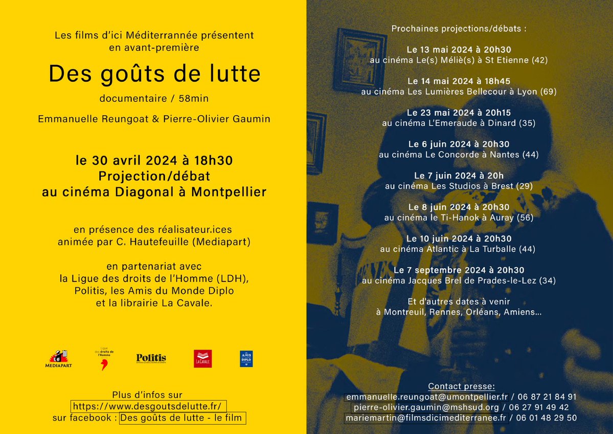 📽 Découvrez les dates des projections-débats du nouveau film partenaire de la #LDH : « Des gouts de lutte », un documentaire d’E. Reungoat et P-O. Gaumin sur l’héritage de la révolte des gilets jaunes. ➤ ldh-france.org/la-ldh-soutien…