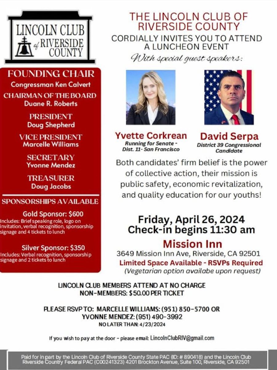 I’m honored to be joining the Lincoln Club of Riverside tomorrow as the main speaker! 

I will be speaking on “Beating the Democrats at their own game”…

#MissionInn #Republicans #GOP #CAGOP #Democrats #RIVCO #Riverside #MCGA #MAGA #LincolnClub