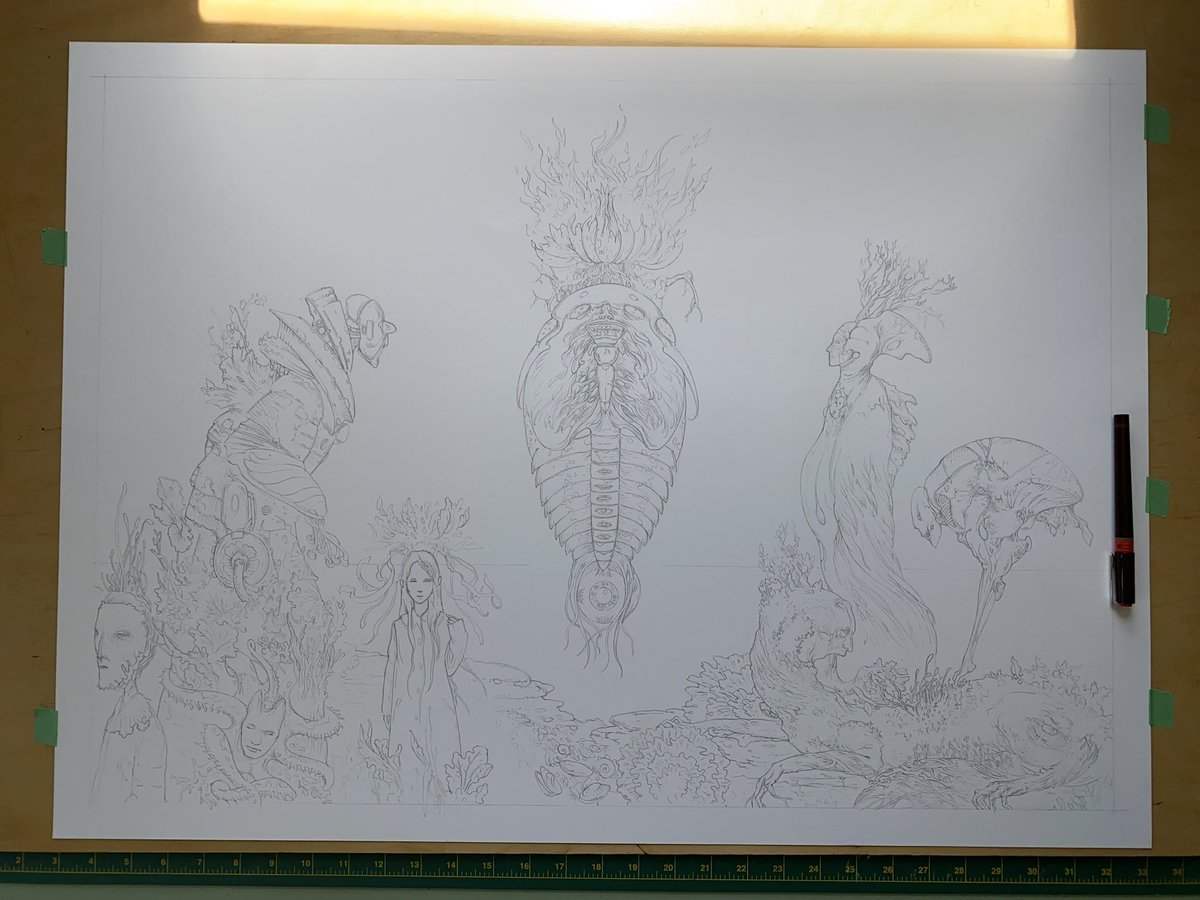 I am working on this new piece right now. This is a graphite line drawing, but the final piece will be rendered in ink. Pen is for scale. I think I will add an ancient city in the background, but I have a long way to go before I have to commit.