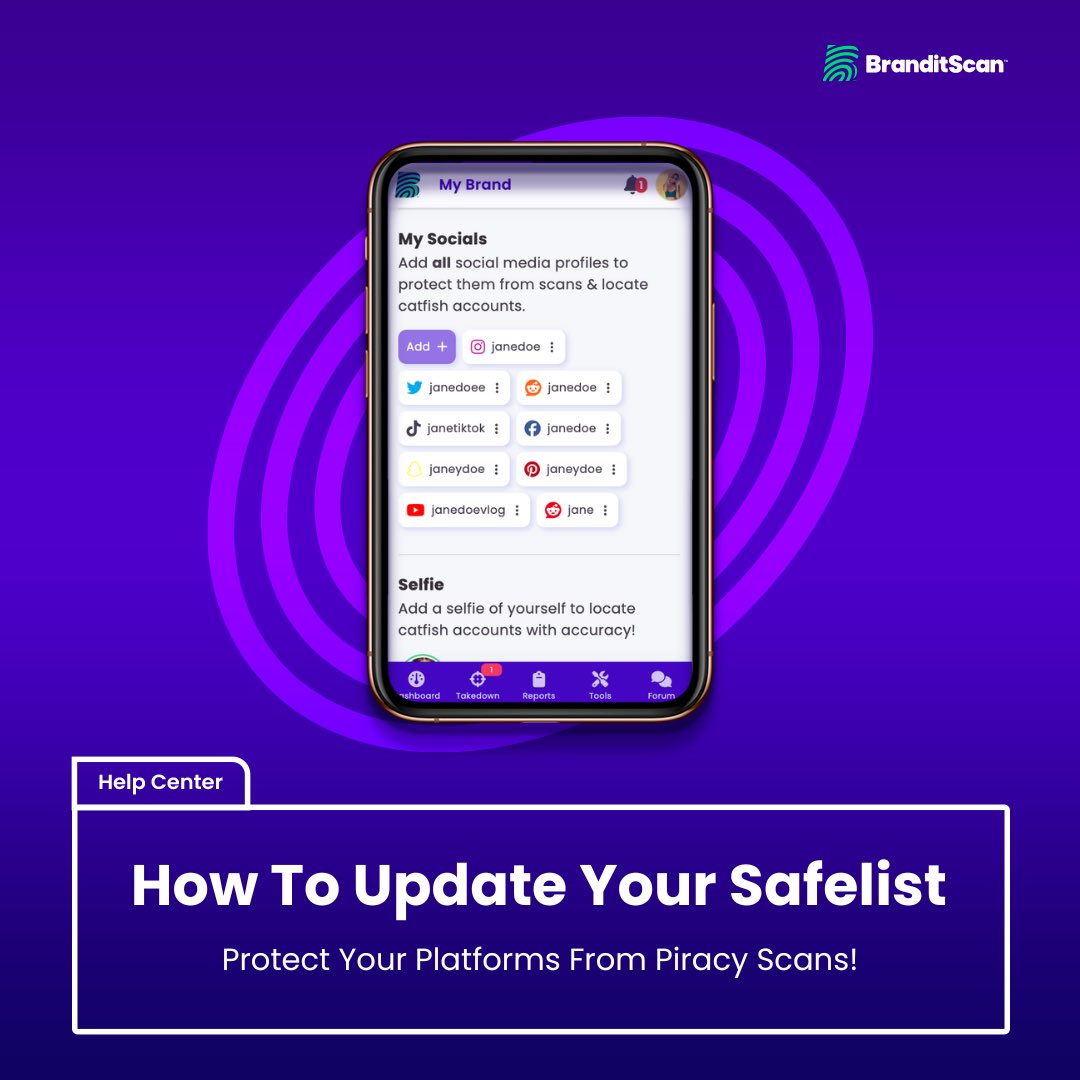 BiS_Support's tweet image. The Safelist is used to protect your authentic platforms (Usernames + Domain Names) from piracy scans. 🕷️

To add to your Safelist:
✅ Log into your BranditScan account
✅ Click on "Profile Pic" &amp;gt; "My Brand"
✅ Scroll down to "My Accounts" and click on "ADD +" to enter the…