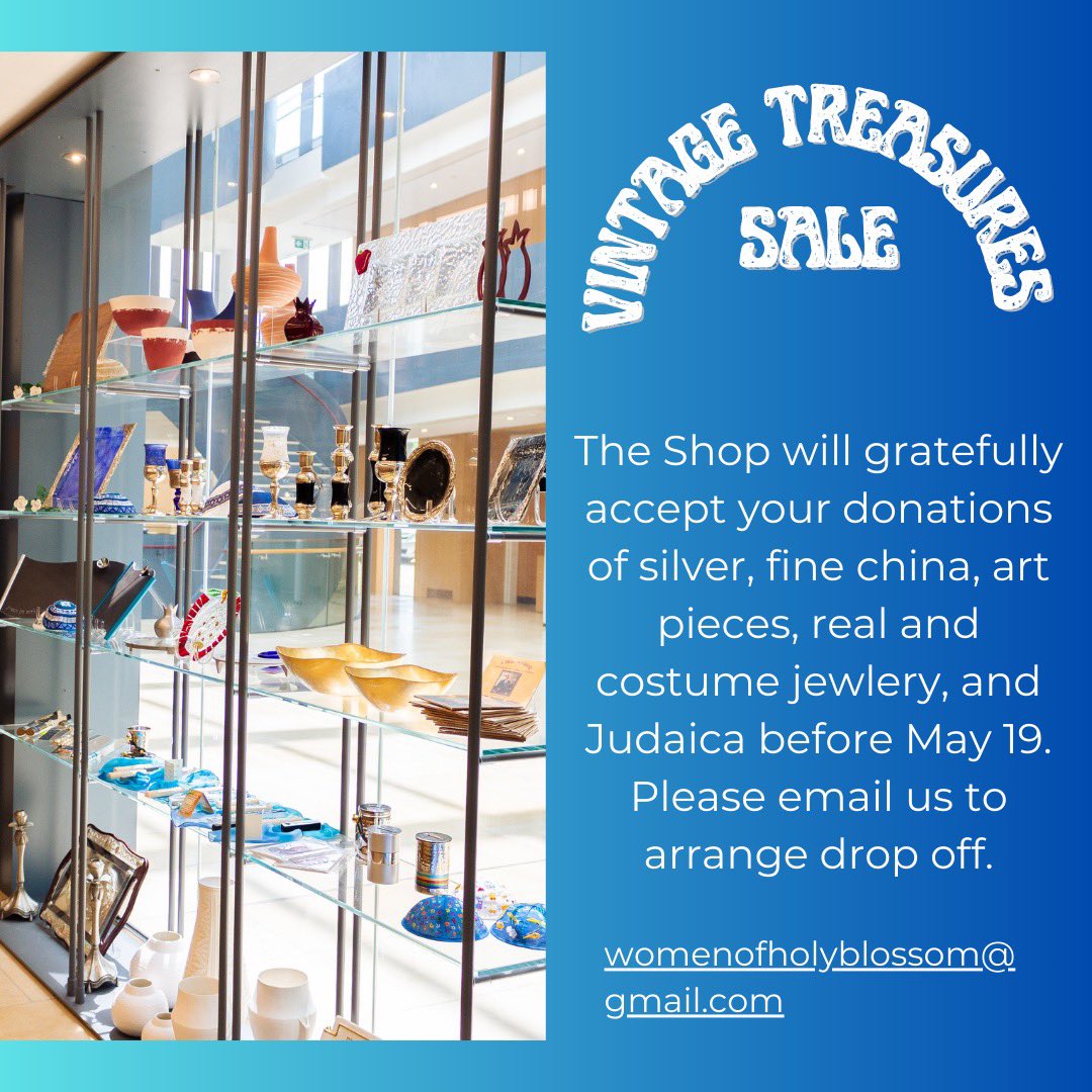 Let @holyblossom’s Judaica&Art Shop help you declutter. Donate Judaica, silver, art, fine china, real&costume jewelry, by May 19. Email womenofholyblossom@gmail.com to arrange.
#JewishCommunity  #JewishToronto #JudaicaShop #JudaicaShopping #JudaicaArt #JudaicaGifts #Judaica