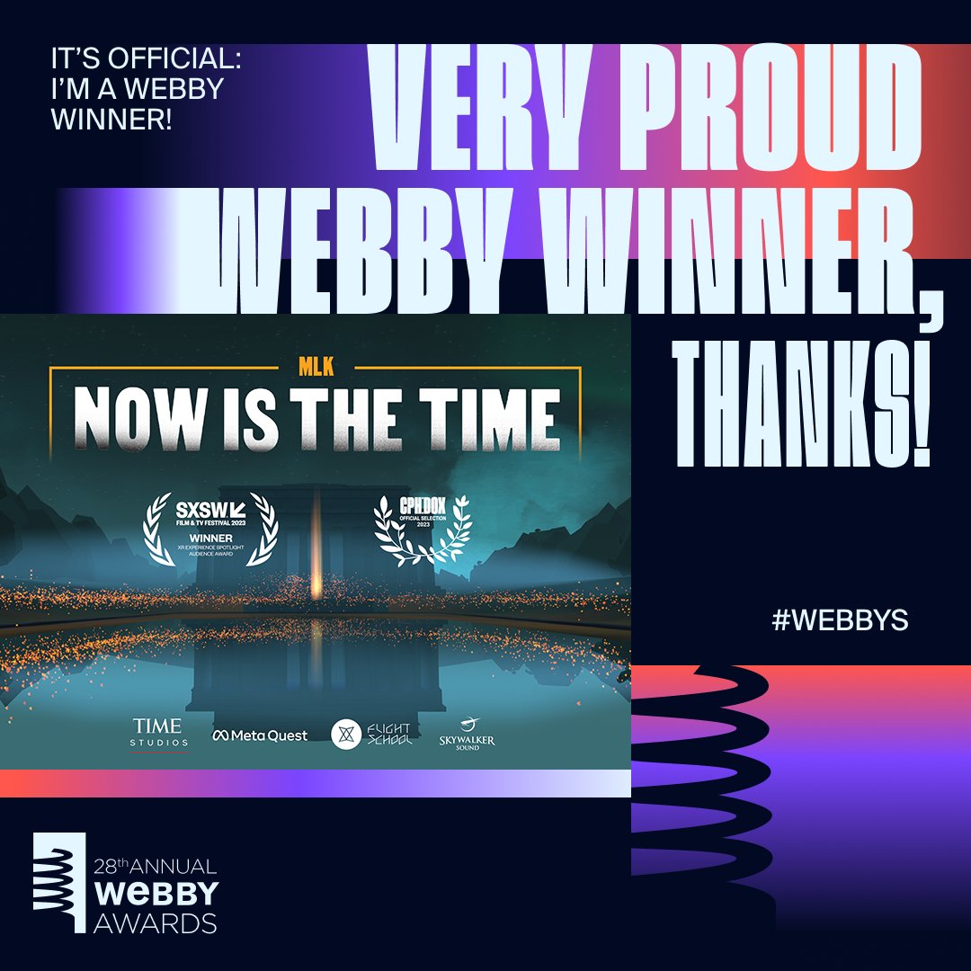 We did it! MLK: NITT took home two awards at this year’s Webbys: Webby Winner AND the People’s Voice Winner in the AI, Metaverse &amp; Virtual - Public Service &amp; Activism 2024 category.

A huge thanks to the Webbys’ jury and to everyone who voted!

#timestudios #metaquest #mlk #nitt