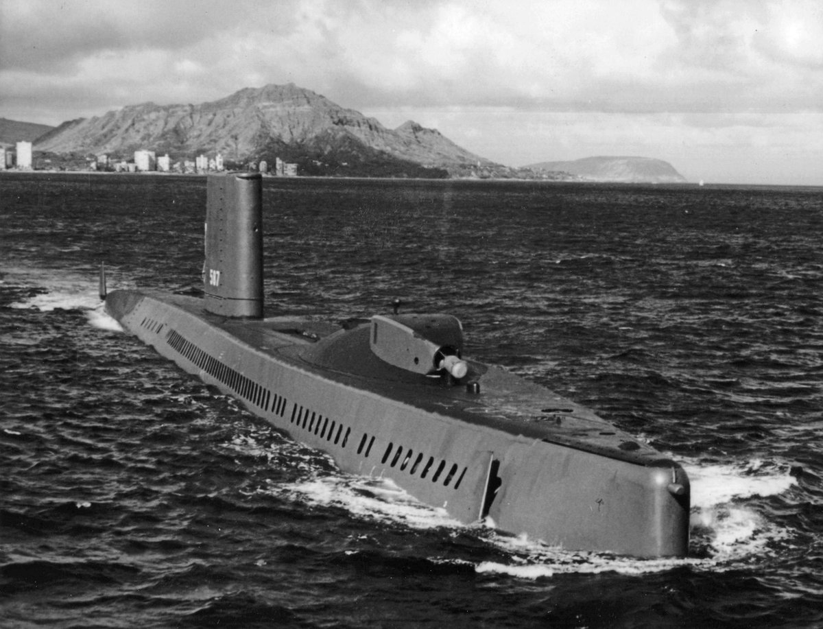 Throwback Thursday: USS Halibut (SSGN-587) transits off the coast of Hawaii with Diamond Head in the background in 1965. ￼📸Courtesy Photo #TBT #PacificSubs #USSHalibut