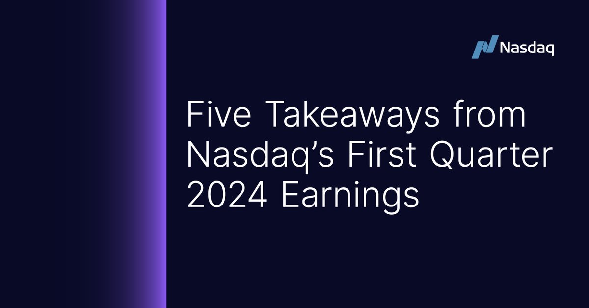 Nasdaq Q1 2024 Earnings In 5 📌 @Nasdaq has reported its first quarter 2024 financial results. Here are the five key strategic & business updates from Nasdaq’s first quarter performance: spr.ly/6016bvB40