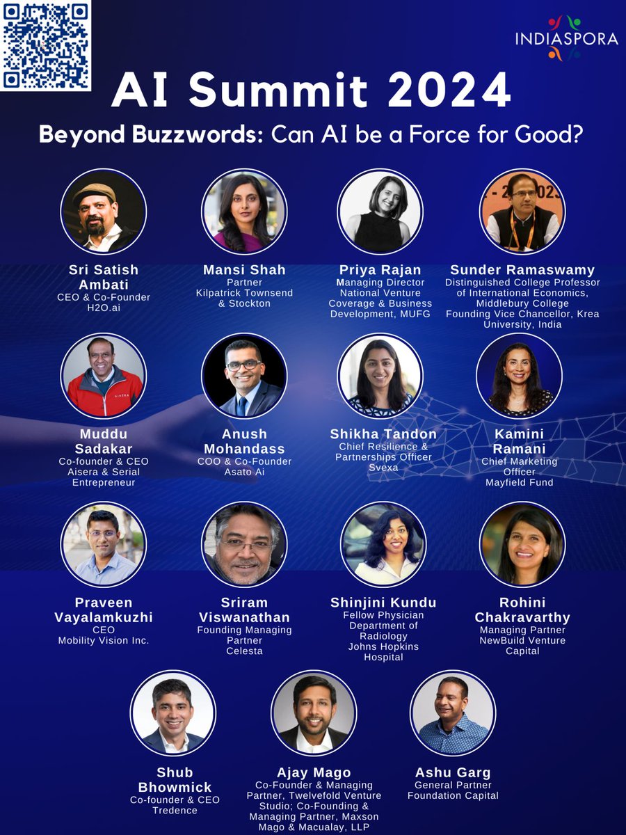 How can we use AI as a force for good? I’m excited to be speaking at the Stanford @Indiasporaforum AI Summit tomorrow where I’ll be participating in a fireside chat with @NavinChaddha, moderated by Kamini Ramini, on Building Enduring AI Companies: A Founder and Investor