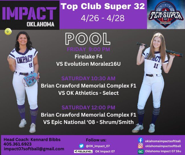 Pool play schedule for this weekend @OK_Impact_07 @MSUWPGrizzlySB @CCRoughridersSB @coachryanphilly @4StateSports1 @NEOSFTBLL @MSUSoftball @UCMJensSoftball @CoachFullerPitt