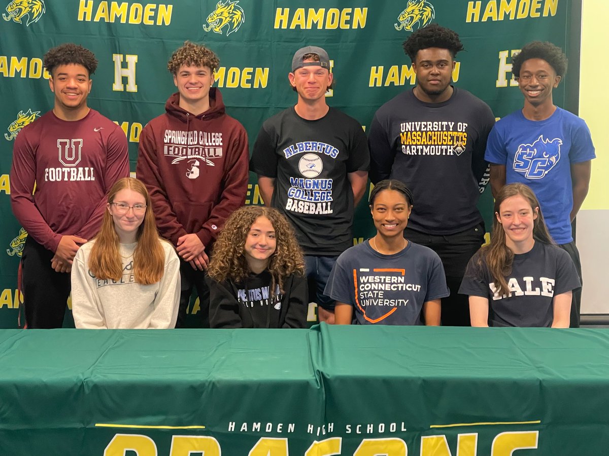 Congrats to more signings from Class of 24’ from Hamden HS 
(Top L) J.Ewell-Union🏈, R.Sarno-Springfield🏈, M.Moreira-Albertus⚾️, Q.Saunders- UMass-Dartmouth🏈, D.Greene-SCSU🏃🏽‍♂️
(Bot L) M.Collins-Husson🏊🏻‍♀️, A.Moore-Albertus🏑, A.Hogg-WCSU🥎, L.Teel-Yale🏊🏻‍♀️ #goDragons