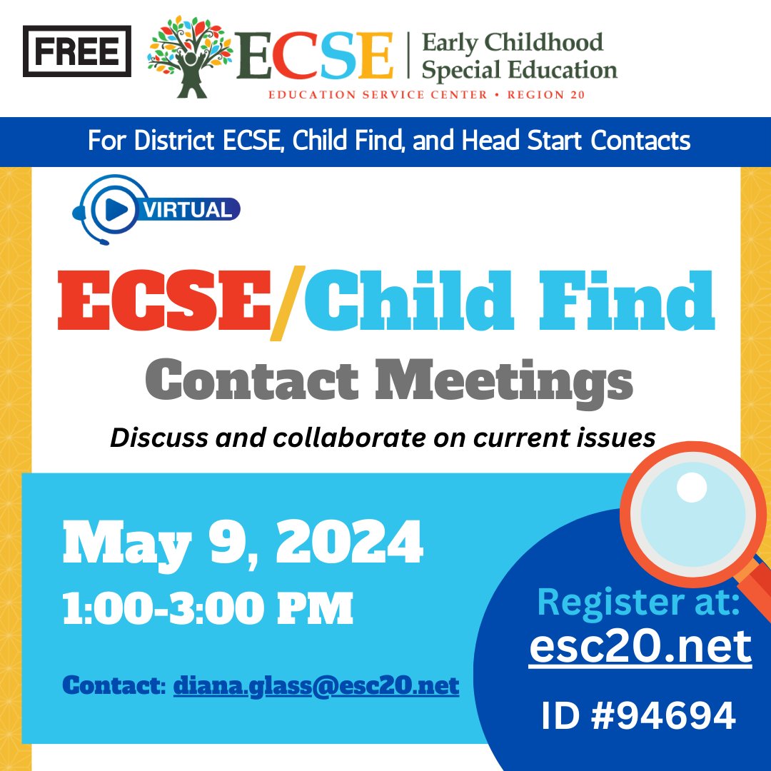 These *VIRTUAL* sessions are provided for district ECSE, Child Find, and Head Start contacts to discuss and collaborate on current issues in the areas of Child Find responsibilities and Early Childhood Special Education. . Register Here: txr20.escworks.net/catalog/sessio…