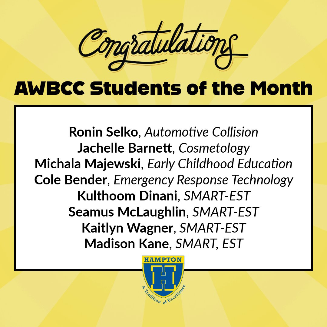 Kudos to the eight HHS students who were named Students of the Month at A.W. Beattie Career Center for March & April! #TalbotPride