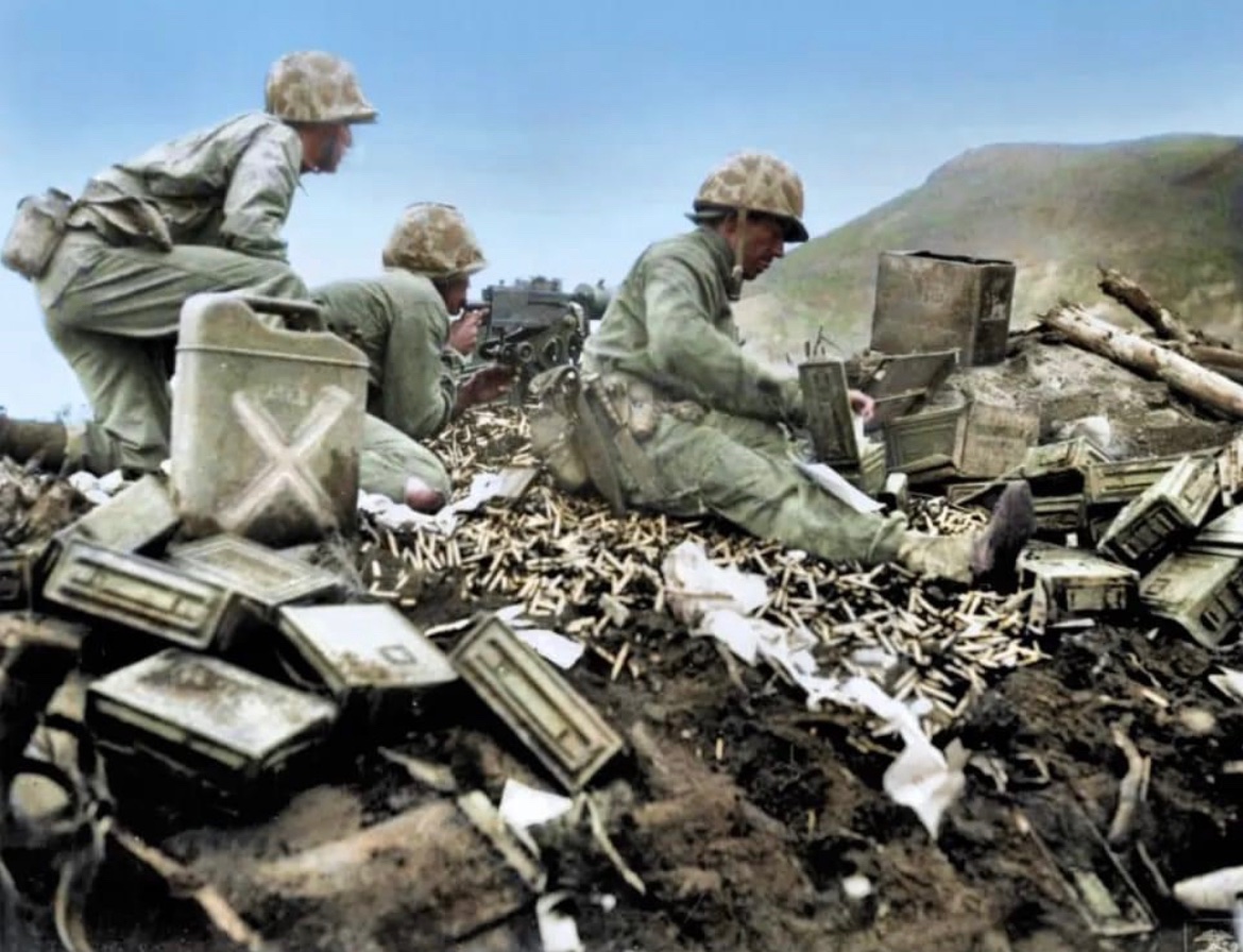 In March of 1945, Marines of the 5th Marine Division with their heavily used machine gun on Iwo Jima. 🪖