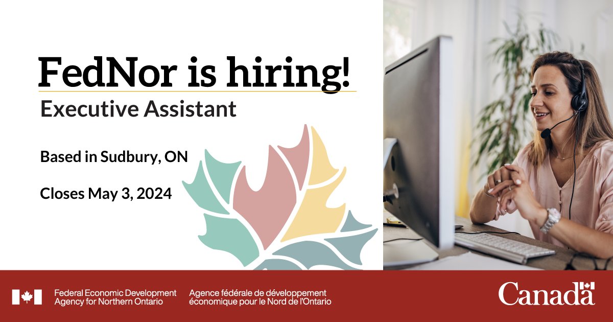 Join our team as an Executive Assistant in #Sudbury. Be part of a small department with a big heart and work with a great team of people who support each other.

Apply by May 3, 2024.  emploisfp-psjobs.cfp-psc.gc.ca/psrs-srfp/appl…

@jobs_gc #GCjobs #SudburyJobs