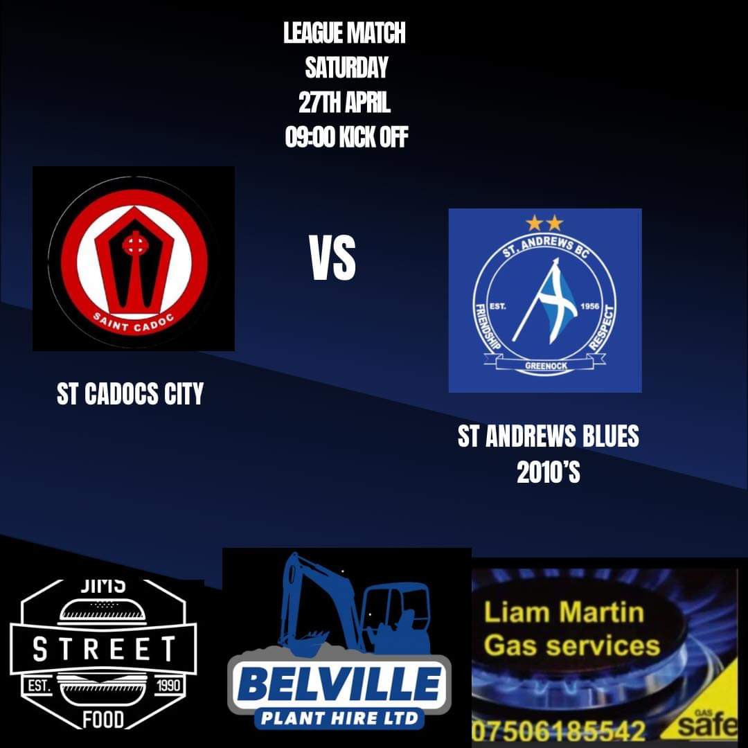 This Saturday, we are playing St Cadocs City away in the league.

Kick off - 09:00.

⚽️🏴󠁧󠁢󠁳󠁣󠁴󠁿🔵

Continued thanks to our main sponsors. 

Belville plant hire limited
Liam Martin Gas Services
Jim's Street Food