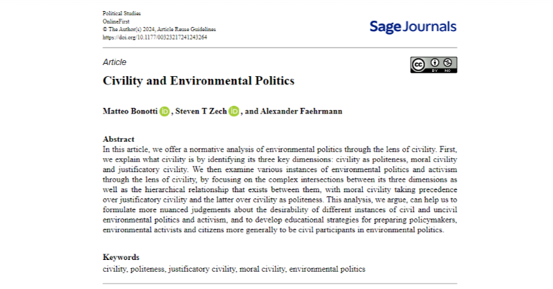 OPEN ACCESS: How can the concept of civility help evaluate different instances of environmental politics? @MatteoBonotti, Steven Zech (@hereforthedata) & Alexander Faehrmann discuss this question in @PolStudies: journals.sagepub.com/doi/full/10.11… @PolStudiesAssoc @SAGECQPolitics #polsci