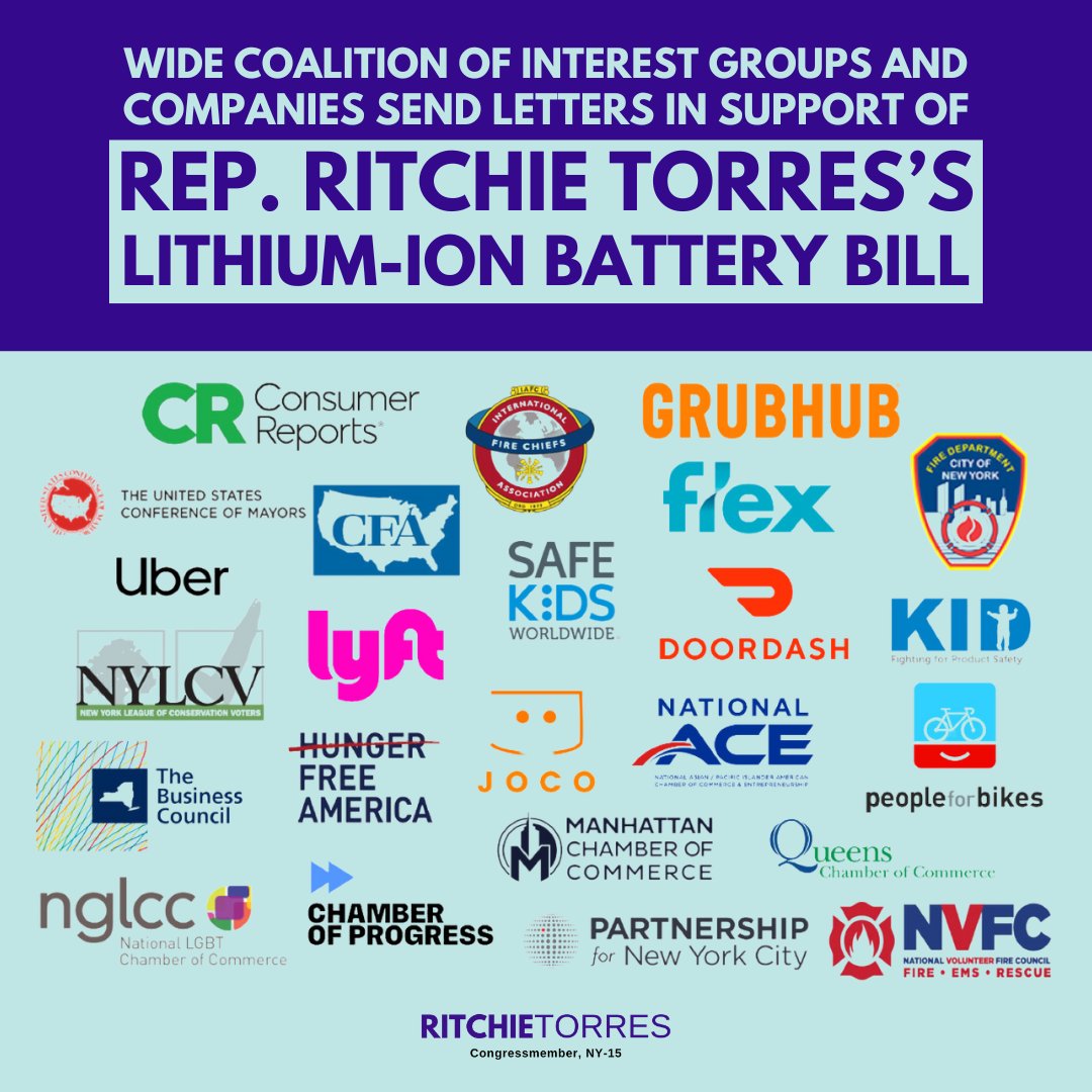 I'm deeply grateful to the coalition of private industry and advocacy groups supporting my Setting Consumer Standards for Lithium-Ion Batteries Act. Unregulated lithium-ion batteries are deadly. The consensus is bipartisan-- it's time for the federal government to act.