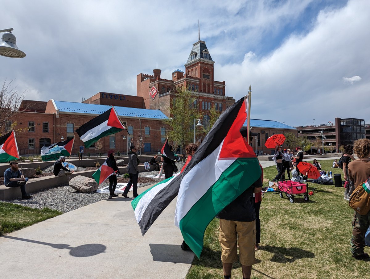 sds_denver's tweet photo. Auraria campus students are on the Tivoli Quad right now in a solidarity encampment with the people of Palestine. We are answering the call to establish the Popular University for Gaza. https://t.co/LFLPR9XUAi