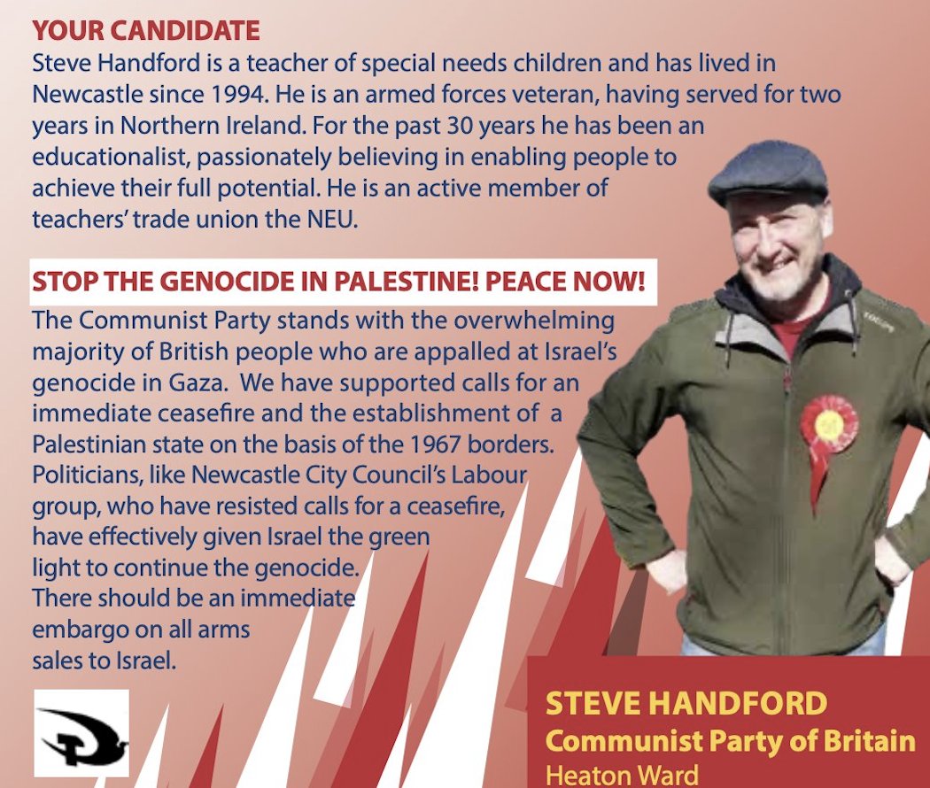 'A third of North East people live in food insecurity, with just £10 a month for groceries. We are way past time for a change. Choose socialism.” #VoteCommunism Steve Handford, Heaton Ward, Newcastle *Promoted by Martin Levy for Steve Handford, c/o 13 Shoreham Court, Newcastle