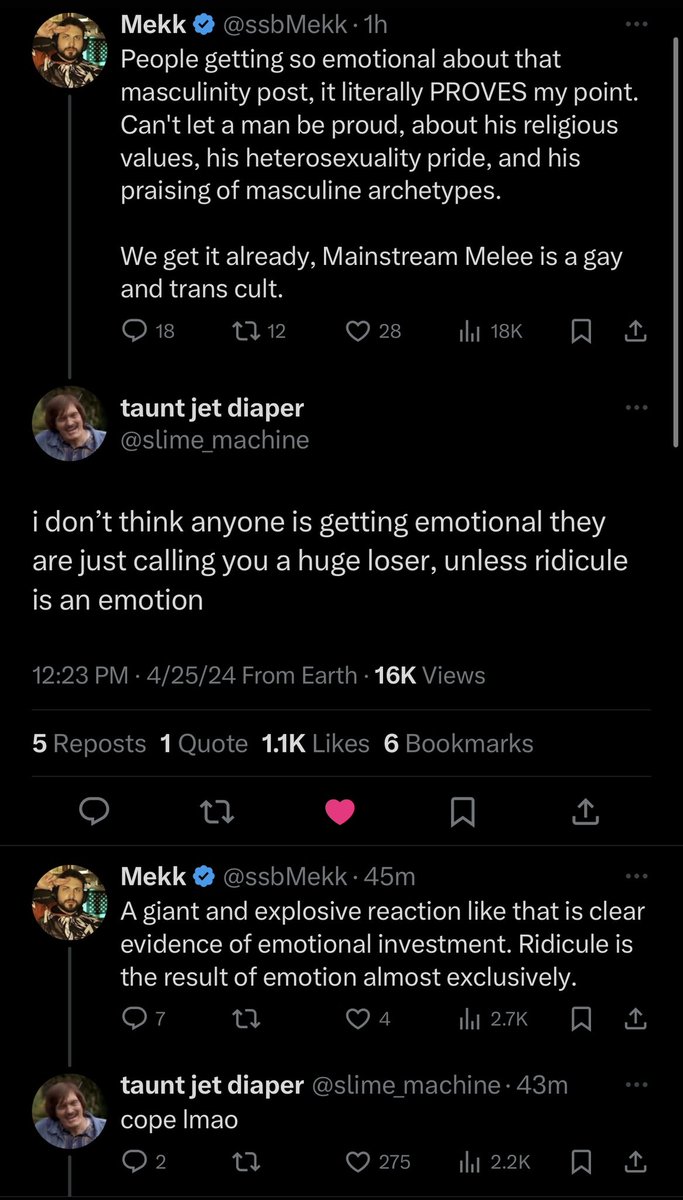 PartyMcPatrick's tweet photo. I know Mekk is just a ragebait poster to try and gain relevance at this point but seeing @slime_machine dunk on him like this makes me fucking cry laughing every time 😂 https://t.co/8hD8N7sdNx