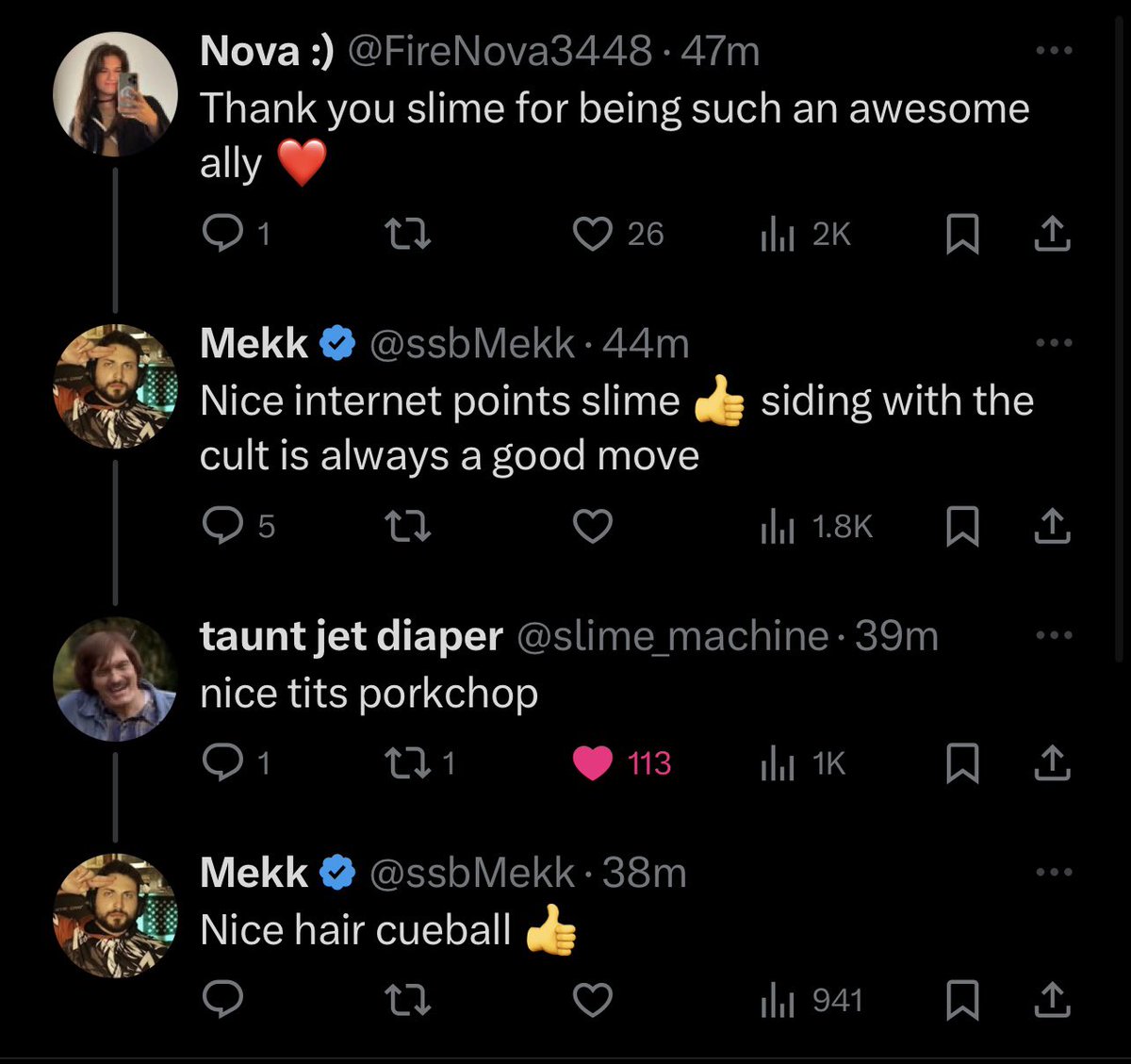 PartyMcPatrick's tweet photo. I know Mekk is just a ragebait poster to try and gain relevance at this point but seeing @slime_machine dunk on him like this makes me fucking cry laughing every time 😂 https://t.co/8hD8N7sdNx