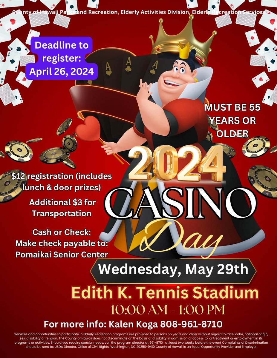 #AlohaFriday Calling all kupuna, feeling lucky? Come have fun at the Pomaikai Senior Center Casino Day on May 29. $12 includes lunch & door prizes. Deadline to register is today!