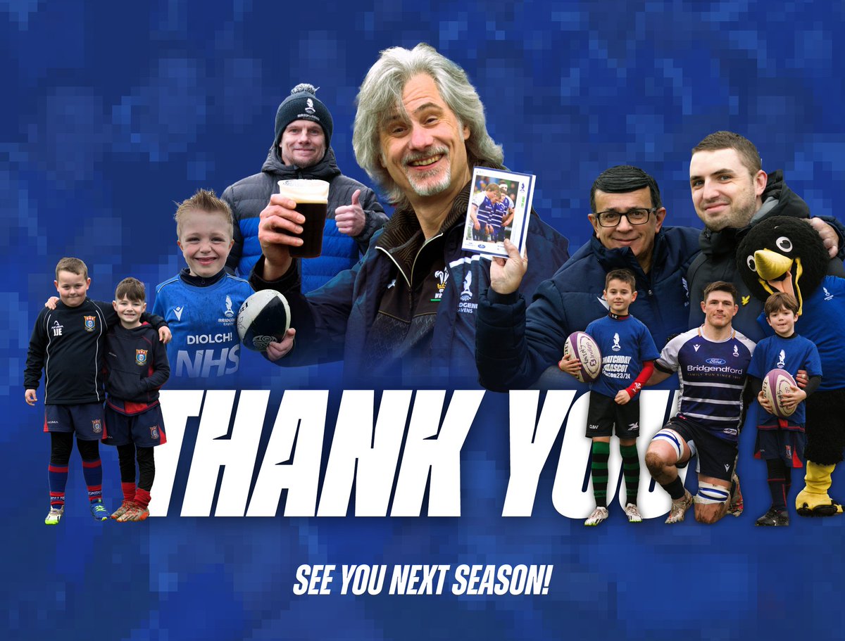 From all at Bridgend Ravens, a huge 𝙏𝙃𝘼𝙉𝙆 𝙔𝙊𝙐 for your incredible support during 23/24 💙 From Swansea to Newport, up to North Wales and at home, your amazing support means the world to our players, coaches and staff 🤩 See you all next season! 🔵⚪