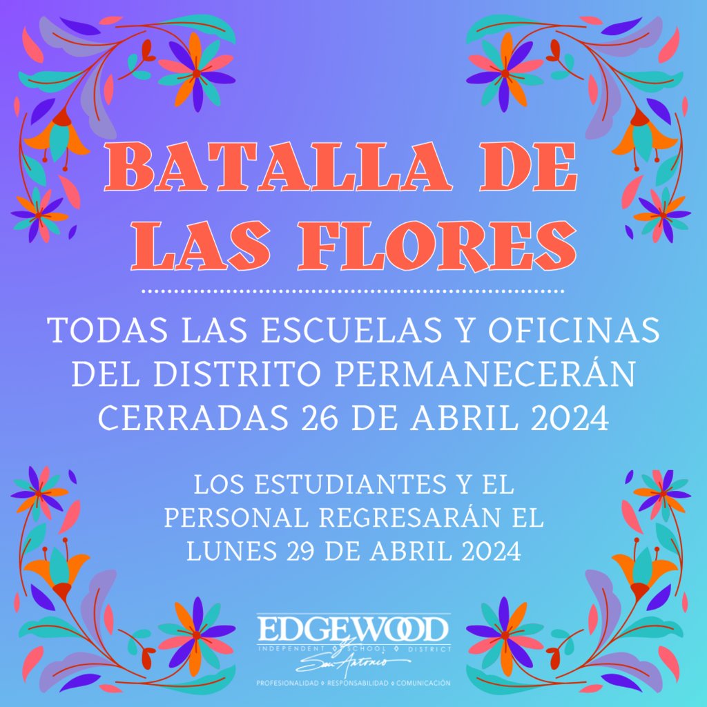 Viva Fiesta!🪅 Reminder that there will be no school on Friday, April 26, 2024. Students and staff will return on Monday, April 29. ¡Viva Fiesta! 🪅 Les recordamos que no habrá clases el viernes 26 de abril 2024. Los estudiantes y el personal regresarán el lunes 29 de abril.