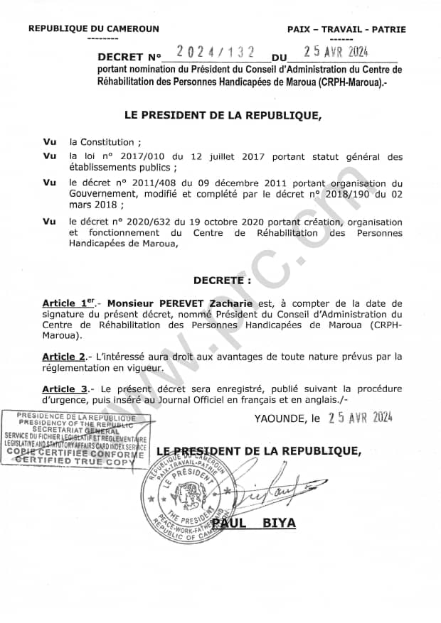 Le Président de la République, @PR_Paul_BIYA, a signé ce 25 avril 2024, un décret portant nomination de Zacharie Perevet au poste de président du Conseil d'administration du Centre de Réhabilitation des Personnes Handicapées de Maroua.
#Cameroun 
#PaulBiya