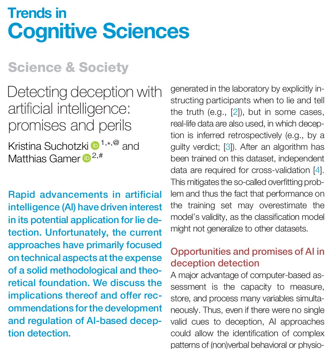 Detecting deception with artificial intelligence: promises and perils Science & Society by Kristina Suchotzki (@KSuchotzki) & Matthias Gamer doi.org/10.1016/j.tics…