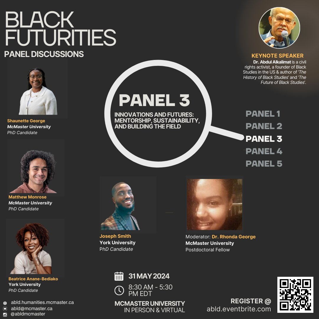 Join us for the 'Innovations and Futures' panel, where we'll engage with Black graduate students in conversations about their experiences, needs, and aspirations within Black Canadian studies. Register today! 

#BlackFuturities2024 #BlackStudies #ABLDatMac