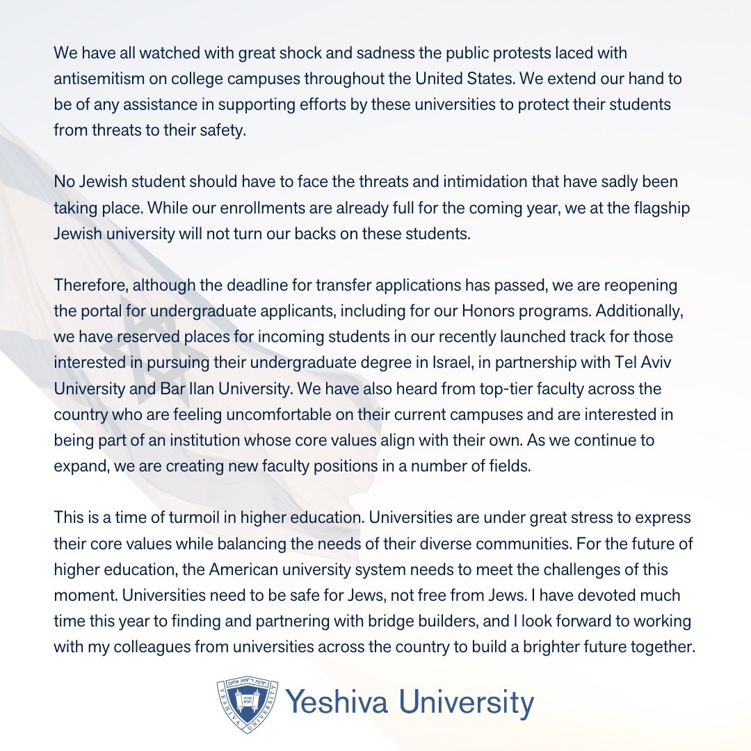 We have all watched with great shock and sadness the public protests laced with antisemitism on college campuses throughout the United States, including in our neighboring campuses of Columbia and NYU. See below and link in bio for my response.