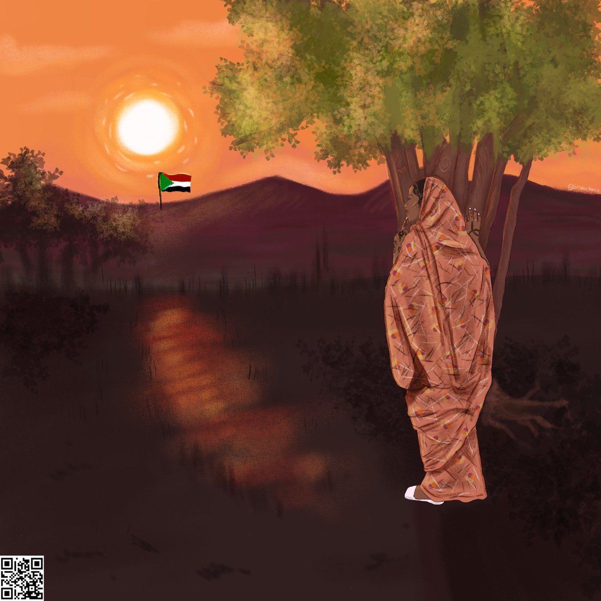 sistertonin's tweet image. I created this art for Ze. She has opened a GoFundMe to help her and her parents urgently flee Sudan. They all are no longer able to live under the conditions. Her link is below. There is also a QR Code that you can scan to find the link. Please support Ze. She deserves it. 🇸🇩