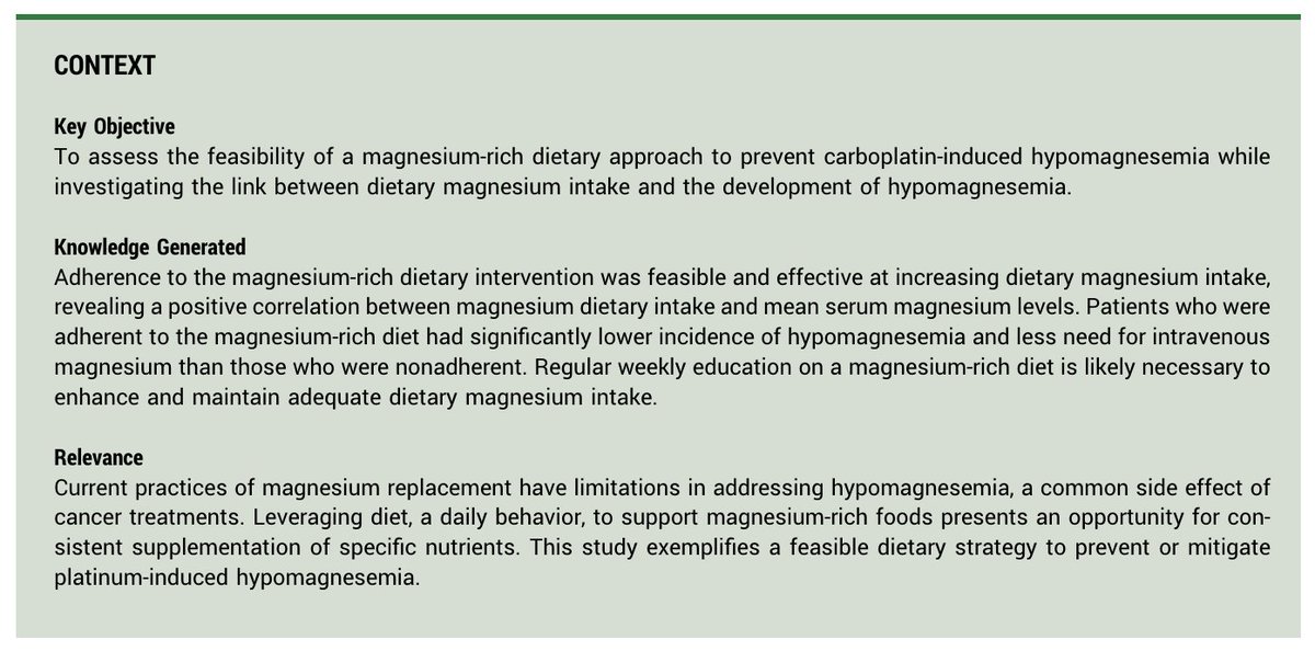 Education regarding magnesium-rich foods reduced the need for medical interventions for hypomagnesemia among patients w/ #ovariancancer during #chemotherapy. ascopubs.org/doi/pdf/10.120… @JCOOP_ASCO #gyncsm #supponc @LarissaAMeyerMD @PamSolimanMD @BrueraEduardo @MDAndersonNews