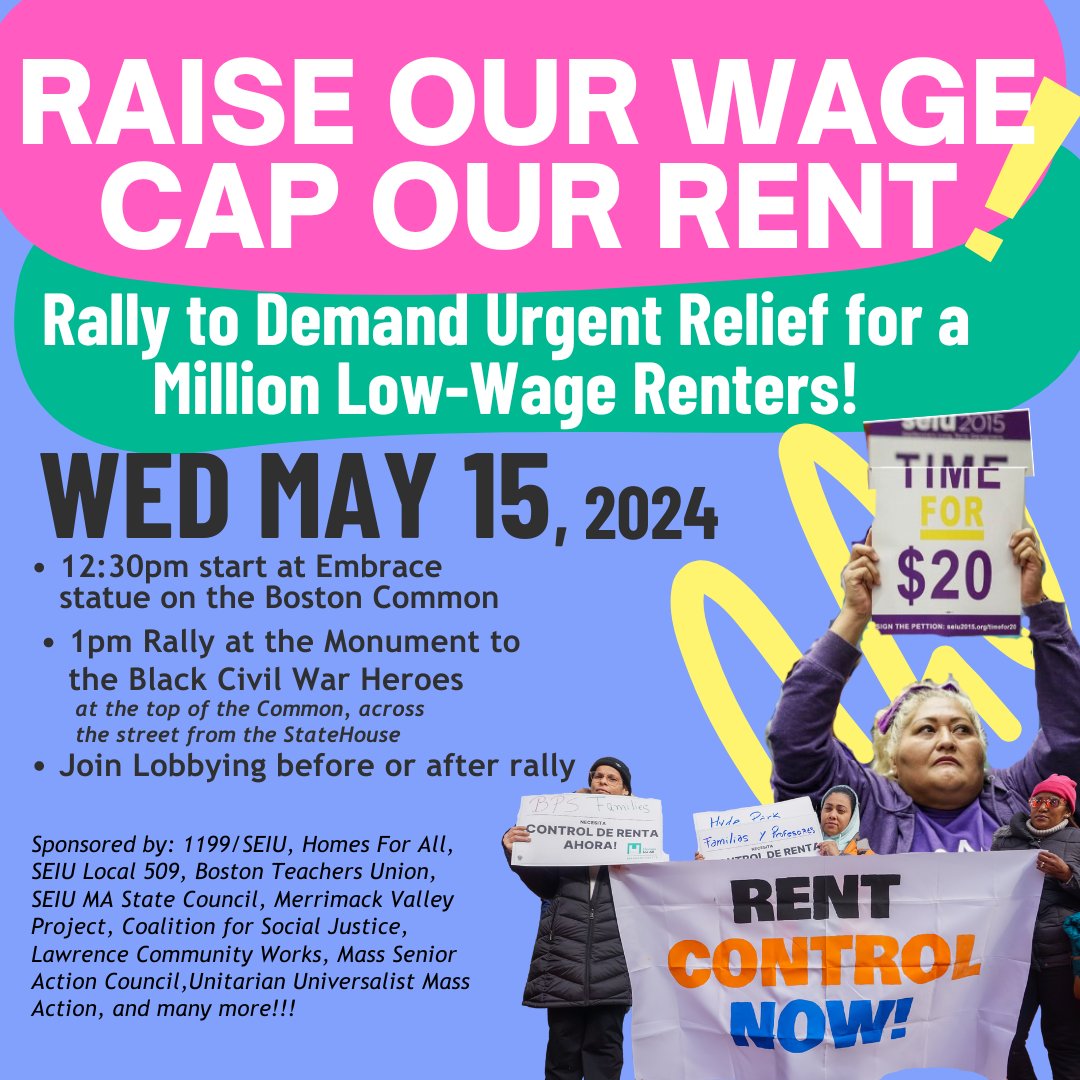 🧵1/4 Raise Our Wage, Cap Our Rent‼️🚨SAVE THE DATE: Wed May 15th for a big upcoming rally with housing justice organizations and other union labor allies, etc. to DEMAND urgent relief for a million low-wage renters🔔📣! It's time to make the rent affordable & wages livable🏠