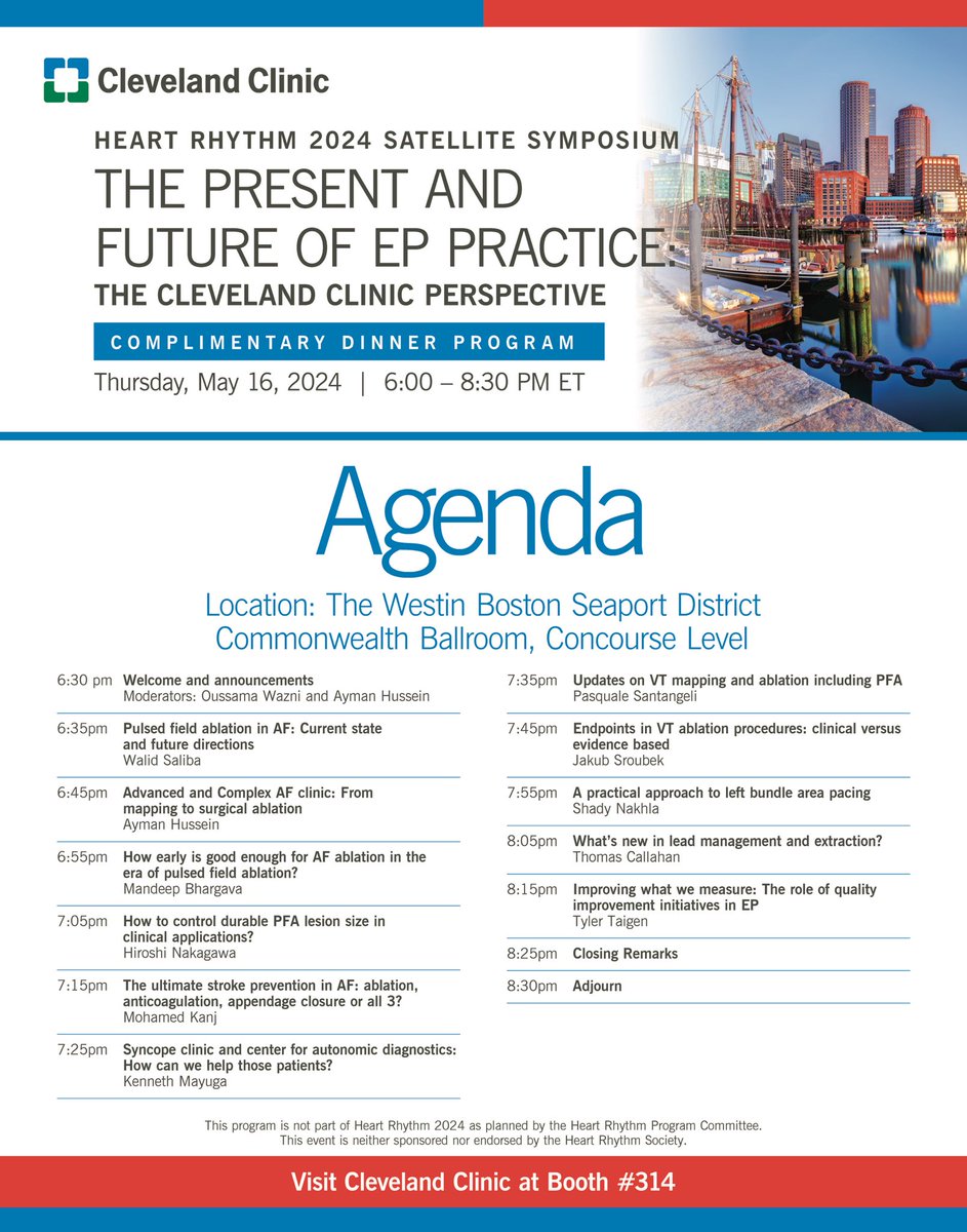 #EPeeps, attending #HRS2024? Don’t miss @ClevelandClinic’s dinner symposium Thurs, 5/16! Expert faculty will discuss the current & future direction in EP,  innovations in devices, techniques & clinical trials. Register (free): clevelandclinicmeded.com/live/courses/c… @omwazni @aymanhusseinmd