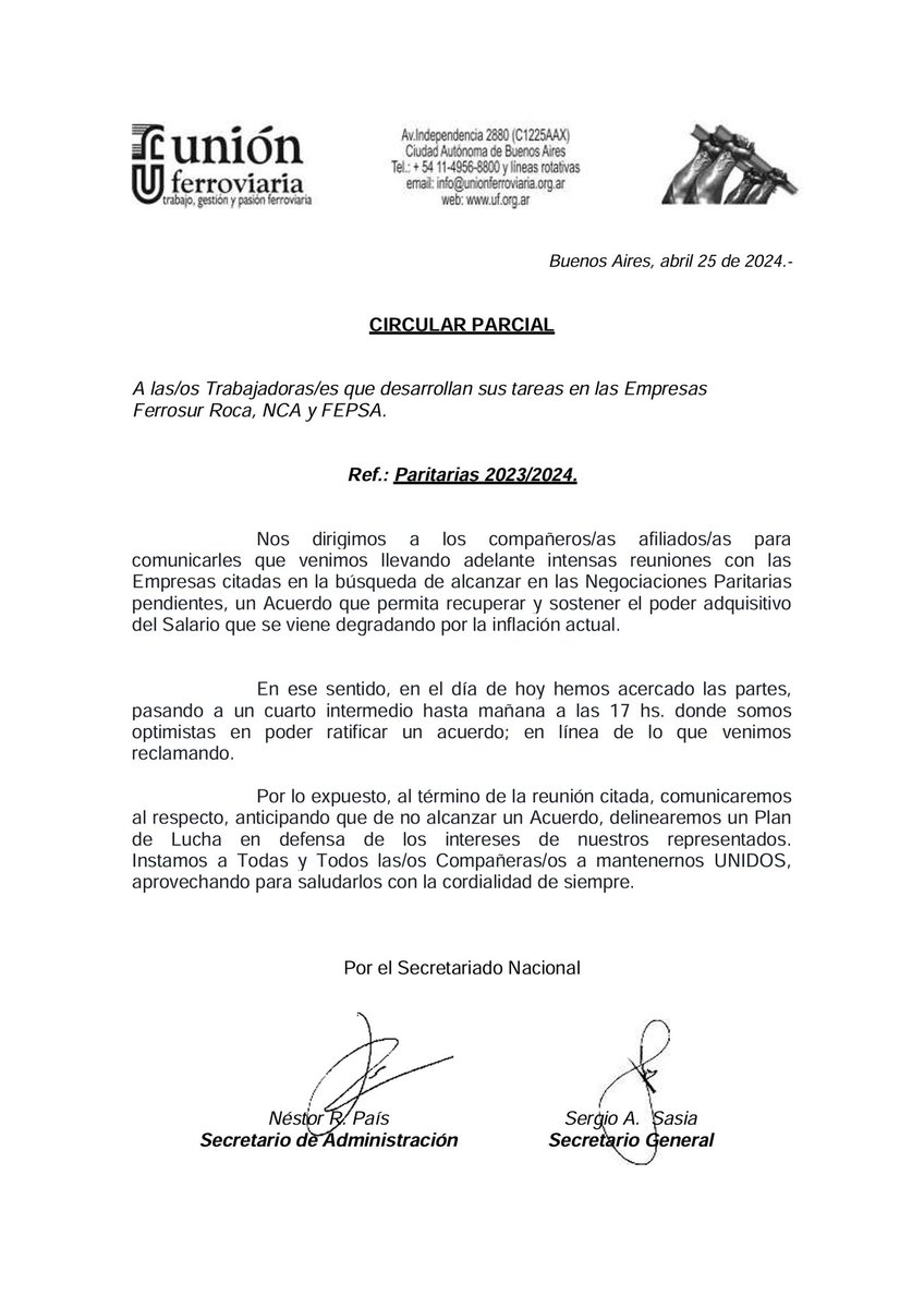 CIRCULAR PARCIAL A las/os Trabajadoras/es que desarrollan sus tareas en las Empresas Ferrosur Roca, NCA y FEPSA. Paritarias 2023/2024