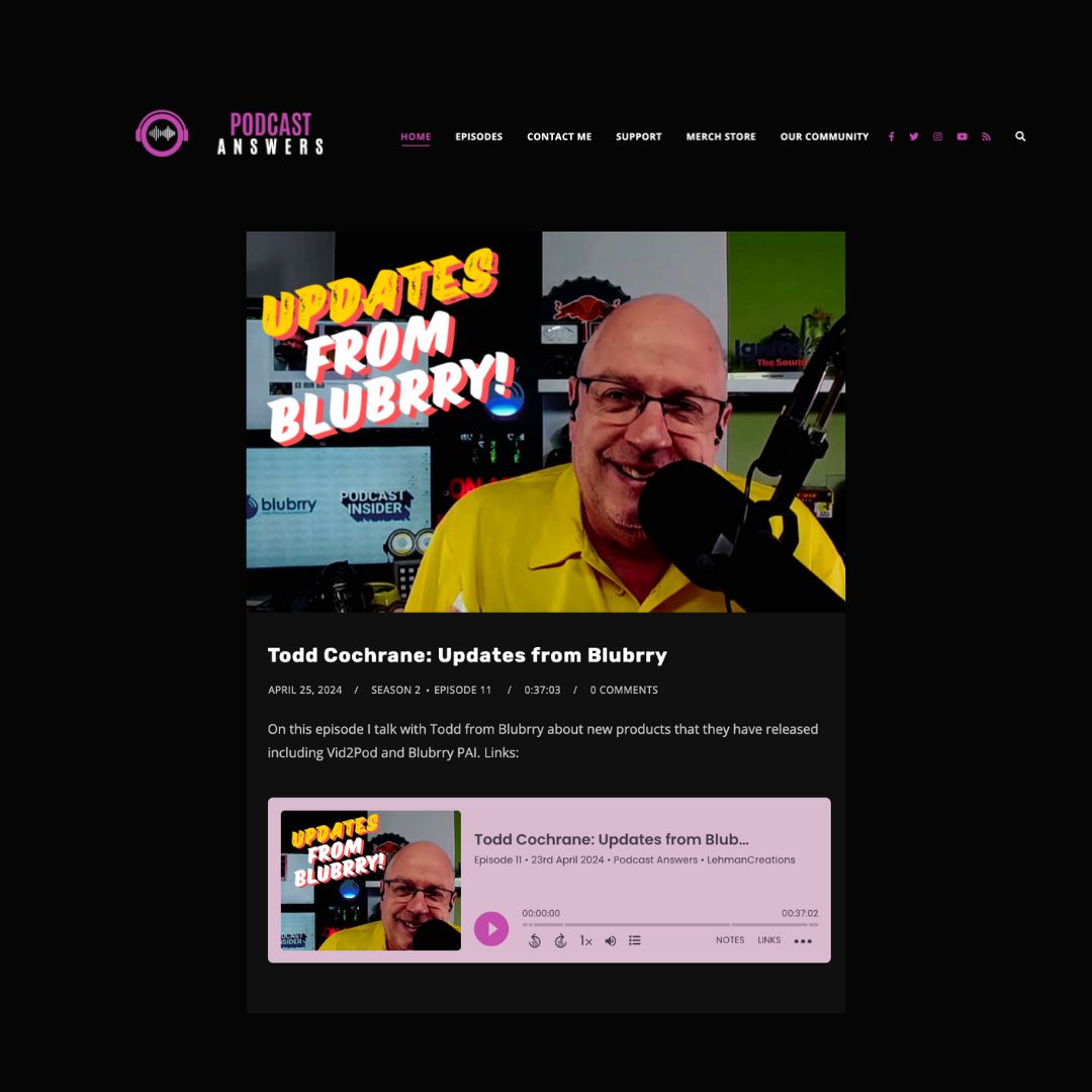 Podcast Answers is a podcast that talks about all topics related to podcasting.  Check out the latest episode featuring Blubrry CEO Todd Cochrane about new products that they have released including Vid2Pod and ...
#podcasting #podcastanswers #podcasting #blubrry #hostedbyblubrry