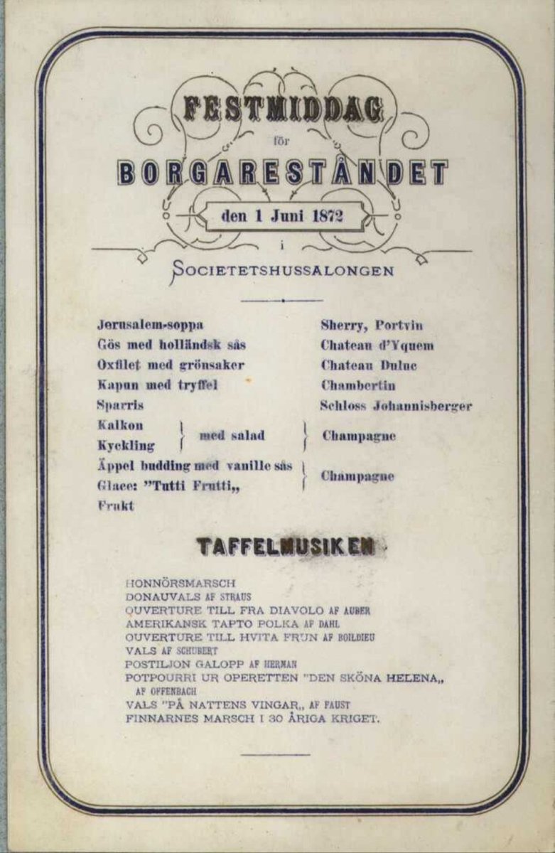 Fascinerad över att man erbjöd sallad efter det som vi anser är varmrätter, dvs oxfilet och kapun (tupp). Men jag antar att detta var tradition för borgareståndet, kända för stora måltider och wannabe-adel.