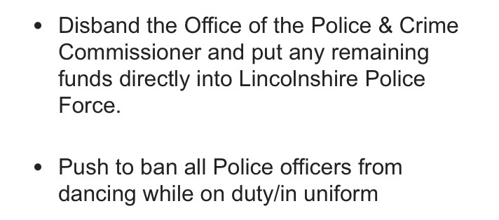 Meanwhile, in the Lincolnshire PCC election, Reform UK candidate Peter Escreet says if he wins he will abolish himself but presumably only after he’s banned dancing police officers.