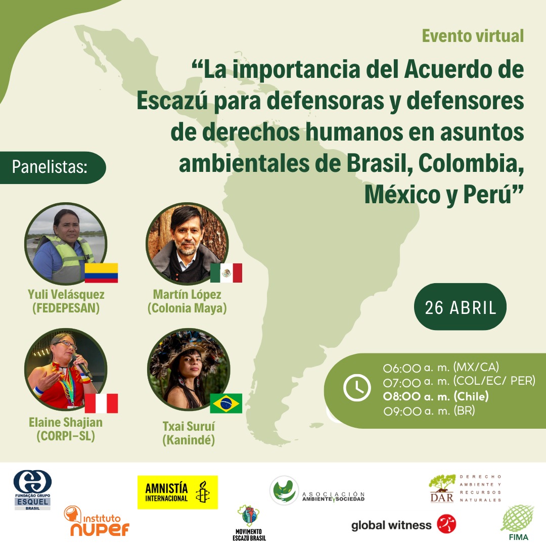#EscazúAhora | Te invitamos al evento paralelo virtual de la #COP3 del Acuerdo de Escazú “La importancia del #AcuerdodeEscazú para defensores de Derechos Humanos en asuntos ambientales de Brasil, Colombia, México y Perú”. Enlace de inscripción: bit.ly/3JpAnF2