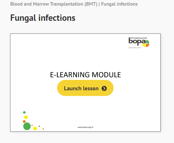 The UK BMT Pharmacist group is delighted to announce their third e-learning module 'Fungal infections' is now live and accessible on the BOPA website
bopa.org.uk/lessons/fungal…