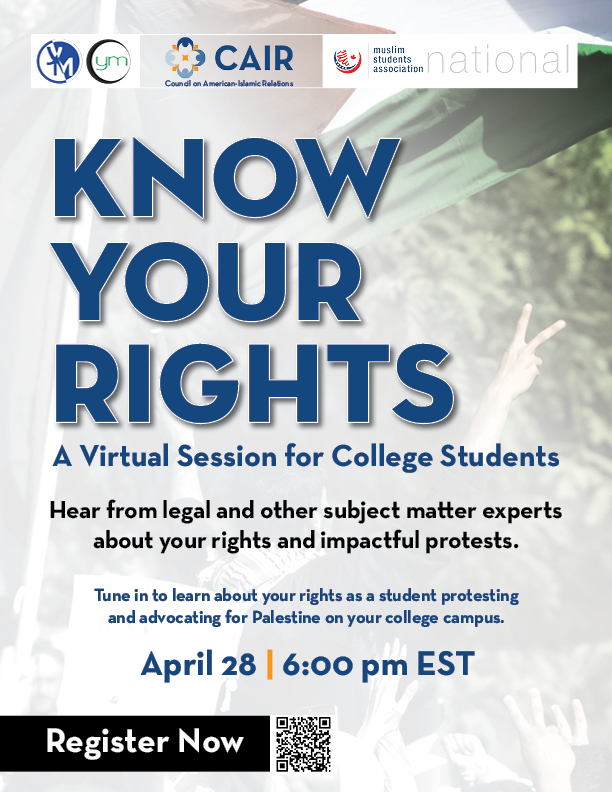 With the upsurge of attacks on students' rights on campuses across the nation, we urge you all to tune in to our virtual session where we will discuss the rights of university students advocating for Palestine! 
Time: 6 PM EST (5 PM CT) 

REGISTER NOW: action.cair.com/a/cair-kyr-col…