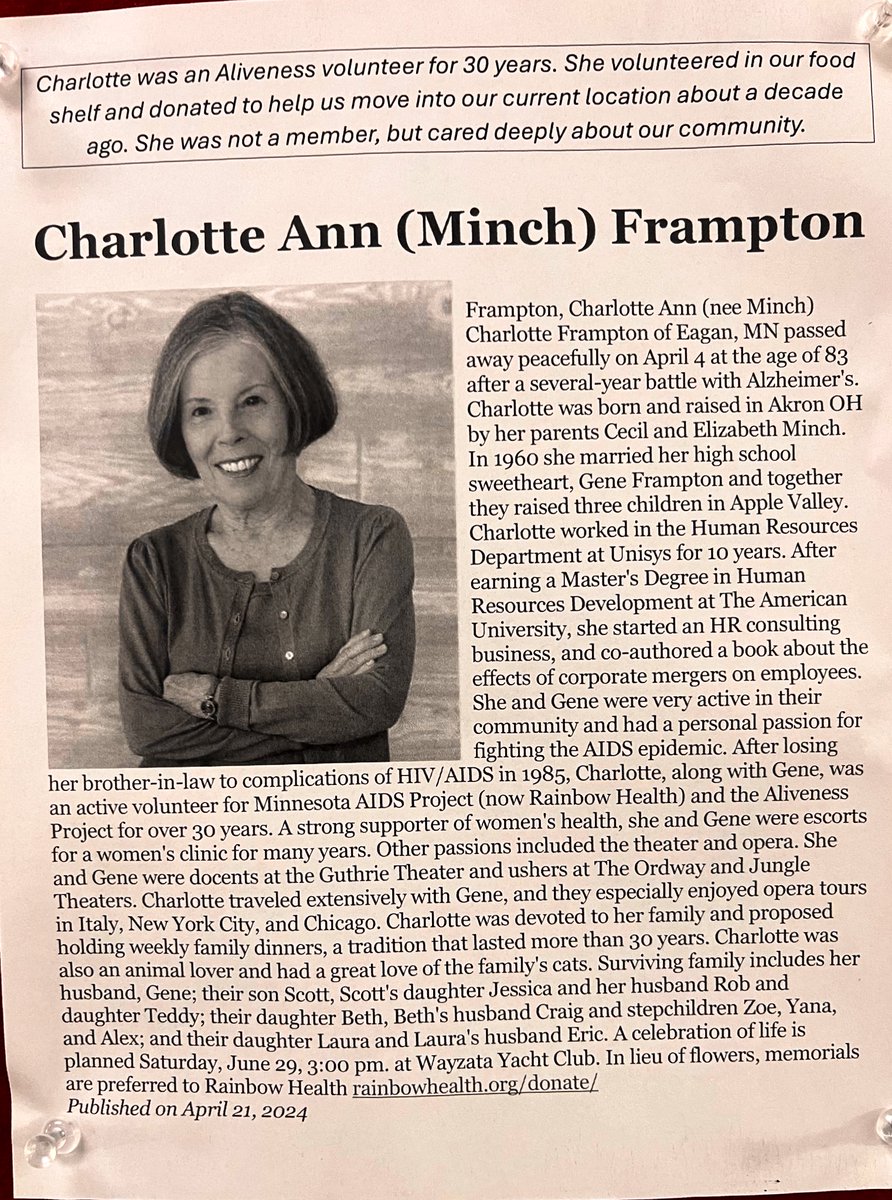 Rest Well Charlotte. Thank you for supporting and volunteering at Minneapolis HIV/#UequalsU agencies for over 30 years.