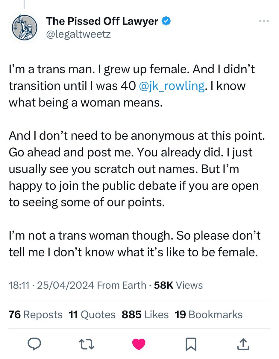 JKR: “You have literally no idea what it is to grow up female” POL: “I'm a trans man. I grew up female. And I didn't transition until I was 40 @jk_rowling. I know what being a woman means.” #TheyCanAlwaysTell 😆😆😆