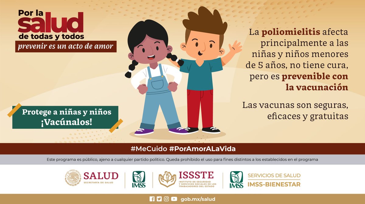 ¡Protege a tus hijas e hijos vacunándolos!💉 Llévalos a cualquiera de los Centros de Salud dispuestos en las 32 entidades del país🏥 Las vacunas son seguras, eficaces y gratuitas #PrevenirEsUnActoDeAmor #MeCuido #PorAmorALaVida @Tu_IMSS @IMSS_BIENESTAR @ISSSTE_mx @censia_salud